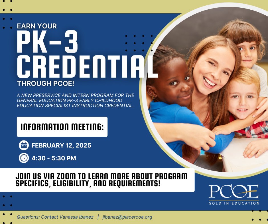 Interested in becoming a PK-3 educator? Earn your credential through the Placer County Office of Education! 📚🧩

Learn more about the program during an upcoming virtual informational meeting on Wednesday, February 12. Register now: bit.ly/3EtodeR