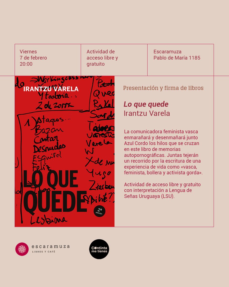 ¡Los esperamos!

✍️ <a href="/continta_mt/">Continta Me Tienes</a> 
📍 <a href="/_Escaramuza/">Escaramuza</a>

👉 La escritora y monologuista compone esta biografía a través de relatos cerrados que, potentes como disparos, en ocasiones nos queman la piel, nos llenan de rabia y nos dan ganas de quemar cosas.