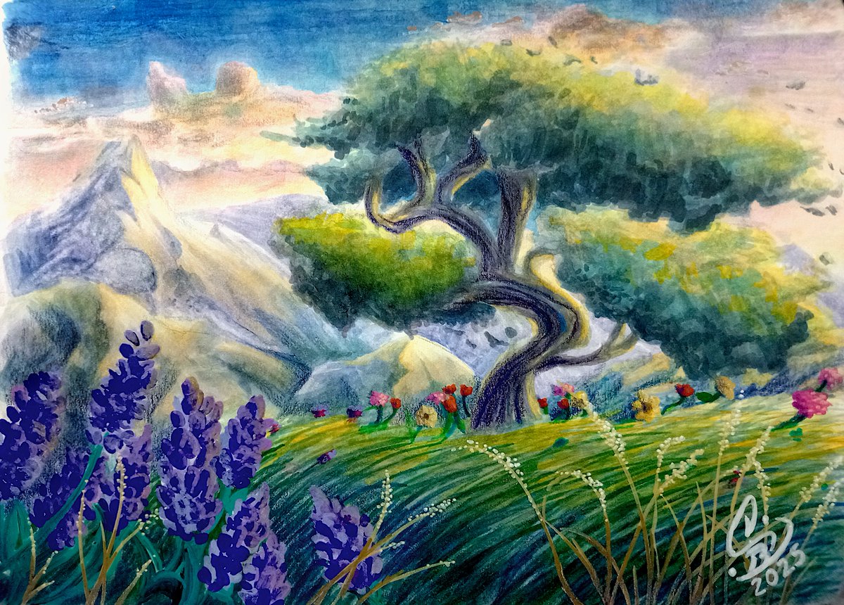 dreams_bluefire's tweet photo. First drawing of the year, i tried my new markers making this landscape, a beautiful sunrise in the mountains with wind that conveys calm and freedom.
#traditionalart #landscape #markersdrawing #nature https://t.co/sHFkughj2T