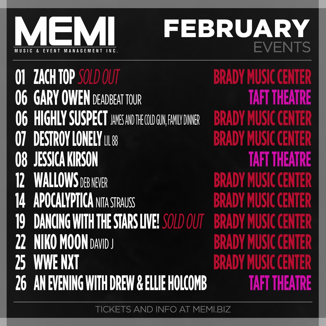 MEMI (@memiconcerts) on Twitter photo What better way to kick off February than with a sold out show? Tickets are going quick for the rest of these shows at <a href="/TaftTheatre/">TAFT THEATRE</a> and <a href="/BradyMusicCtr/">The Andrew J Brady Music Center</a> grab yours at memi.biz What better way to kick off February than with a sold out show? Tickets are going quick for the rest of these shows at <a href="/TaftTheatre/">TAFT THEATRE</a> and <a href="/BradyMusicCtr/">The Andrew J Brady Music Center</a> grab yours at memi.biz