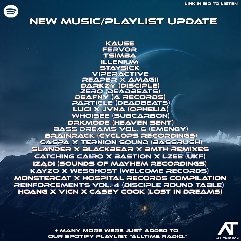 AllTime EDM (@alltimeedm) on Twitter photo New Music Friday!
<a href="/Darkzyuk/">darkz</a>
<a href="/Fervorbass/">Greg</a>
<a href="/Viperactive/">Viperactive</a>
<a href="/izadiofficial/">izadi 👁️</a>
<a href="/alexparticle/">Particle</a>
<a href="/tsimbabeats/">tsimba 𒉭</a>
<a href="/StaysickMusic/">Staysick 👤</a>
<a href="/DeafnyOfficial/">DEAFNY</a>
<a href="/whoisee_music/">WHOiSEE</a>
<a href="/IamBRAINRACK/">Brainrack</a>
Caspa x <a href="/TernionSound/">Ternion Sound</a>
<a href="/Luci_officialxo/">Luci</a> x <a href="/JVNA/">Jana l JVNA</a>
Bass Dreams Vol. 6 <a href="/Emengy/">Emengy</a>
<a href="/KayzoMusic/">Kayzo</a> x <a href="/akidcalledghost/">WesGhost</a> New Music Friday!
<a href="/Darkzyuk/">darkz</a>
<a href="/Fervorbass/">Greg</a>
<a href="/Viperactive/">Viperactive</a>
<a href="/izadiofficial/">izadi 👁️</a>
<a href="/alexparticle/">Particle</a>
<a href="/tsimbabeats/">tsimba 𒉭</a>
<a href="/StaysickMusic/">Staysick 👤</a>
<a href="/DeafnyOfficial/">DEAFNY</a>
<a href="/whoisee_music/">WHOiSEE</a>
<a href="/IamBRAINRACK/">Brainrack</a>
Caspa x <a href="/TernionSound/">Ternion Sound</a>
<a href="/Luci_officialxo/">Luci</a> x <a href="/JVNA/">Jana l JVNA</a>
Bass Dreams Vol. 6 <a href="/Emengy/">Emengy</a>
<a href="/KayzoMusic/">Kayzo</a> x <a href="/akidcalledghost/">WesGhost</a>