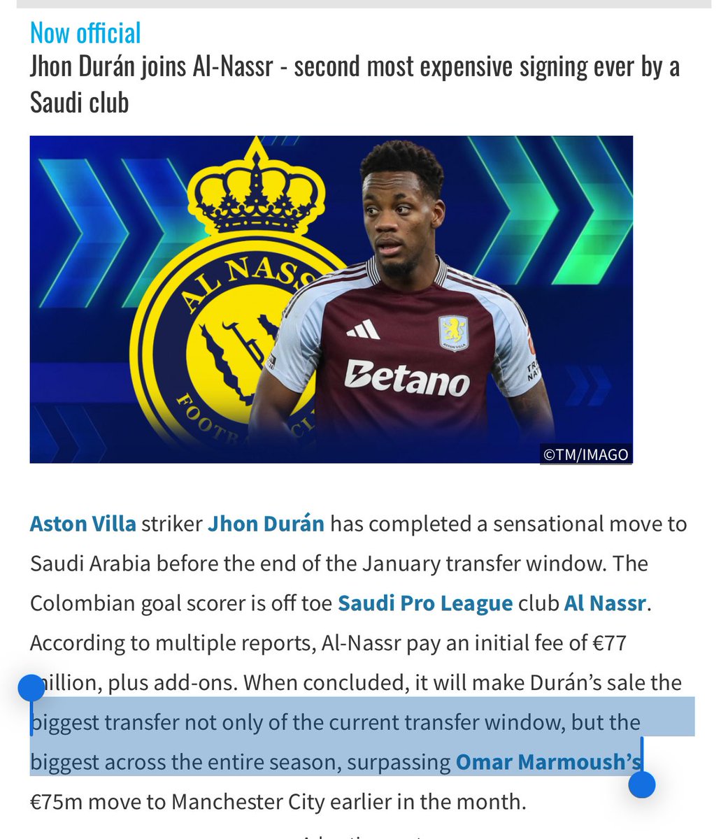 بحسب transfermarkt

النصر وقع أكبر صفقة في الميركاتو الشتوي عالميا
وبنفس الوقت هي خامس أكبر صفقة في الميركاتو الشتوي طوال تاريخ كرة القدم 

في الشتاء الحالي صفقة دوران بـ77M هي اكبر من صفقة مروموش للسيتي ، في تاريخ الشتاء تعتبر بعد كوتينيو و اينزو و فان دايك و فلاهوفيتش