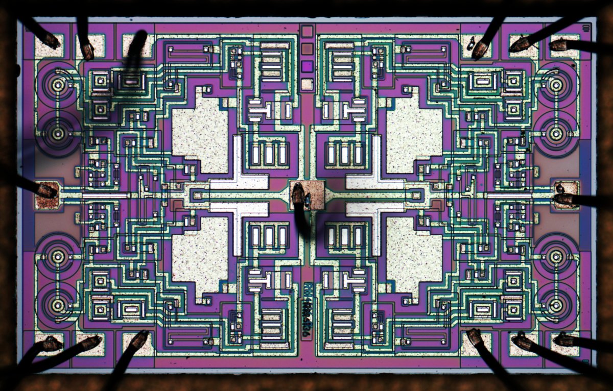 TI RM4136D - quad opamp µA741 : weekend die-shot zeptobars.com/en/read/TI-RM4… via <a href="/Zeptobars/">Zeptobars</a> <a href="/TXInstruments/">Texas Instruments</a> <a href="/TXInstrumentsEU/">Texas Instruments EU</a> #electronics #microscopy