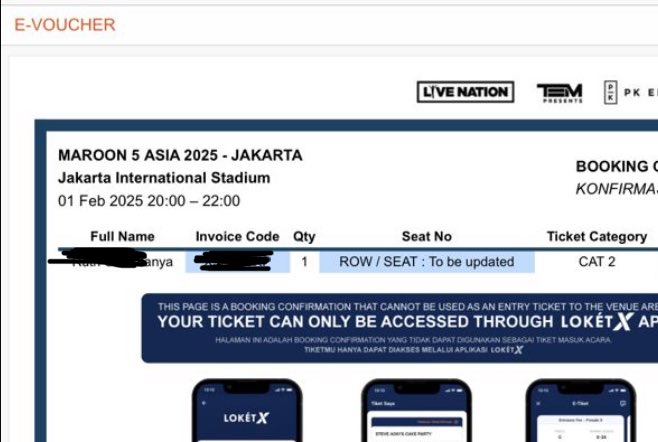 mansaimalo's tweet photo. WTS 1 tix Cat 2 Maroon 5 Jakarta 1 Februari 2025. Tiket atas nama sendiri. Harga 2.600.000. Langsung COD di venue aja. DM me. Thank you.

#Maroon5LiveinJakarta https://t.co/KwtObIv4Fk