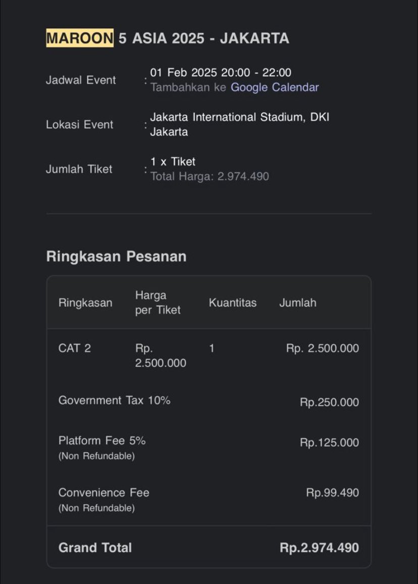 mansaimalo's tweet photo. WTS 1 tix Cat 2 Maroon 5 Jakarta 1 Februari 2025. Tiket atas nama sendiri. Harga 2.600.000. Langsung COD di venue aja. DM me. Thank you.

#Maroon5LiveinJakarta https://t.co/KwtObIv4Fk