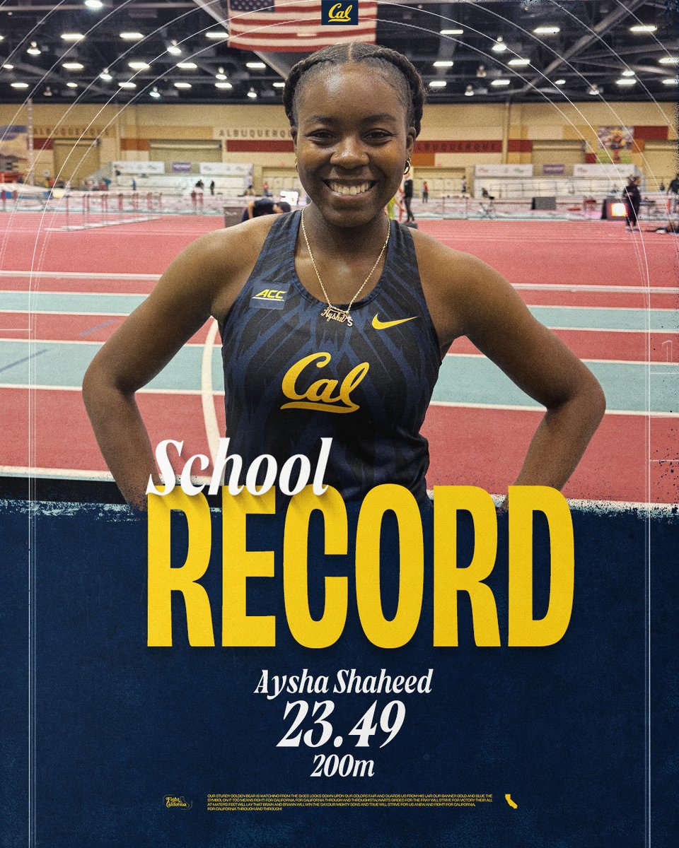 CalTFXC's tweet photo. 200m Invitational - Women (NM Team Open) |
Aysha Shaheed takes care of business and shatters her own program record!!
6. Aysha Shaheed 23.49 (PR, School Record)
12. Ryan Lacefield 24.38
#GoBears🐻 https://t.co/kJFMeCiRUa