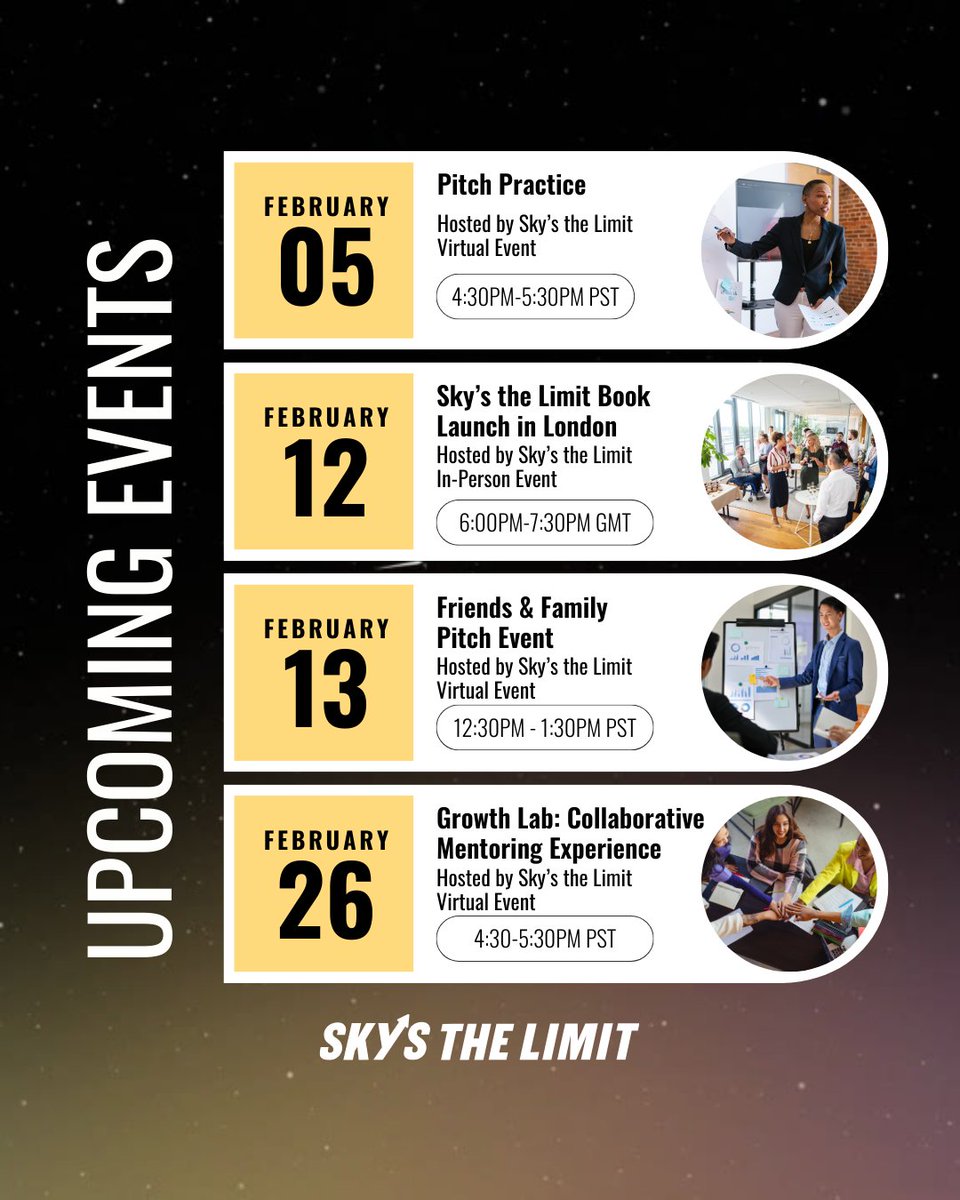 Don't miss out on these game-changing #events! 🔥
​
Pitch practice, book launch, #mentorship sessions, &amp; more! Sign up &amp; level up your journey → hubs.la/Q034YSy80
​
P.S. What kind of events would help you most as an #entrepreneur? Share below!

#SkysTheLimit #community