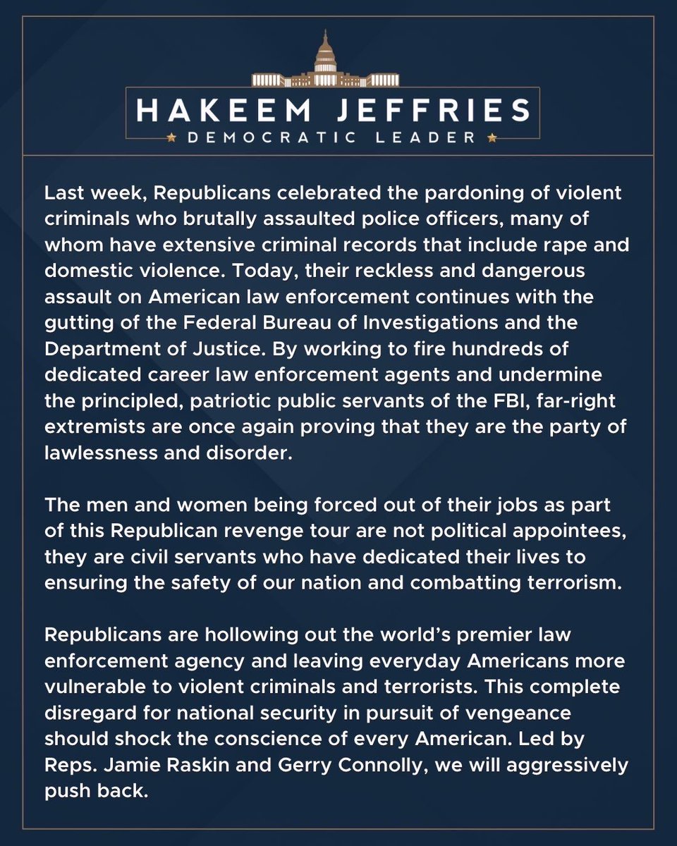 RepJeffries's tweet image. My statement on the FBI Purge that puts at risk the safety, well-being and national security of the American people.