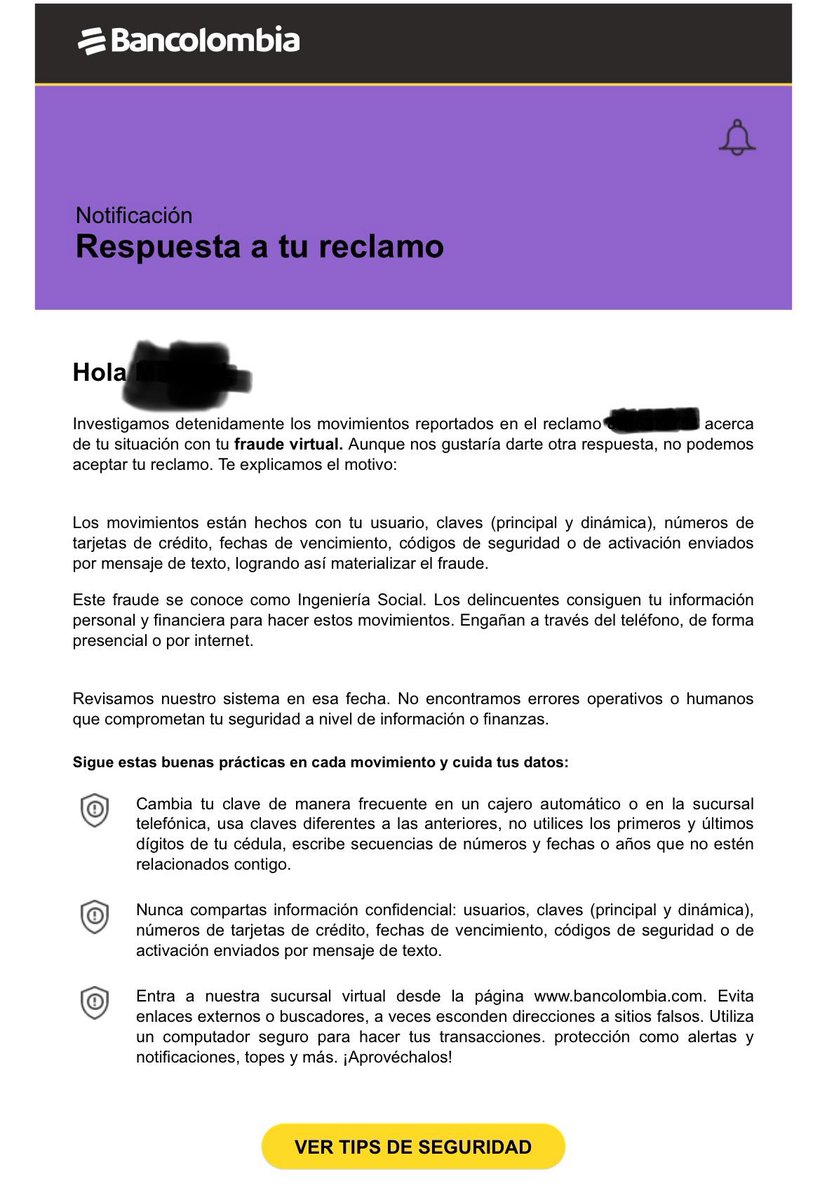 elbra8802's tweet photo. @jeffer_mellizo @Bancolombia Me pasó exactamente lo mismo, el 21 de enero y ahora @Bancolombia no quiere responder, no quieren asumir la responsabilidad de que les vulneraron el sistema y nos robaron a los clientes, ahora responden con una plantilla genérica. https://t.co/XyQIWBpZoL