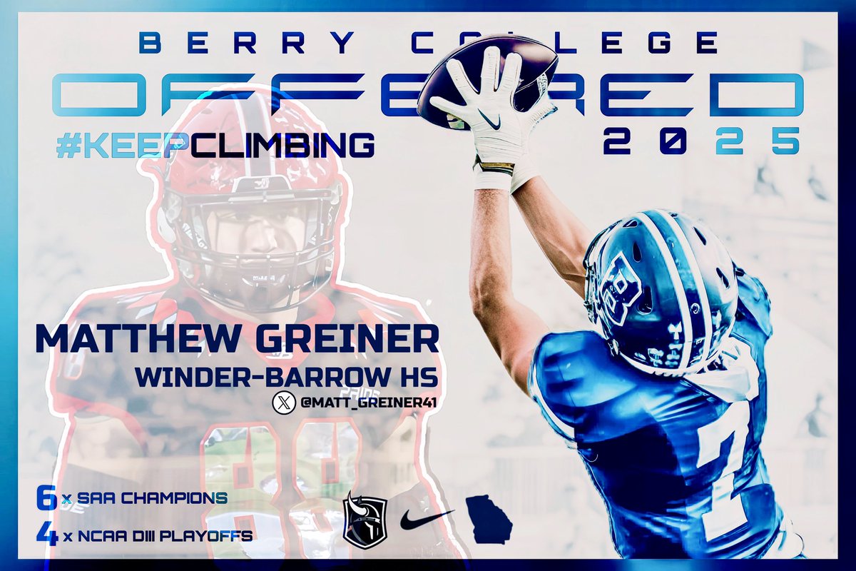 Matthew Greiner (@matt_greiner41) on Twitter photo After a great conversation with <a href="/BCCoachK/">Tony Kunczewski</a> I’m blessed to receive an offer from Berry College! <a href="/WBDoggsFB/">Winder-Barrow Bulldoggs FB</a> <a href="/coachpaxia/">Coach Paxia</a> <a href="/NEGARecruits/">Northeast Georgia Recruits</a> <a href="/FBCoachPineda/">Coach Taylor Pineda (Coach P)</a> <a href="/H2_Recruiting/">Hasani (H2) | Football Recruiting</a> <a href="/tfbaxter1985/">Tyson Baxter</a> <a href="/kailonjai22/">Coach Jackson</a> After a great conversation with <a href="/BCCoachK/">Tony Kunczewski</a> I’m blessed to receive an offer from Berry College! <a href="/WBDoggsFB/">Winder-Barrow Bulldoggs FB</a> <a href="/coachpaxia/">Coach Paxia</a> <a href="/NEGARecruits/">Northeast Georgia Recruits</a> <a href="/FBCoachPineda/">Coach Taylor Pineda (Coach P)</a> <a href="/H2_Recruiting/">Hasani (H2) | Football Recruiting</a> <a href="/tfbaxter1985/">Tyson Baxter</a> <a href="/kailonjai22/">Coach Jackson</a>