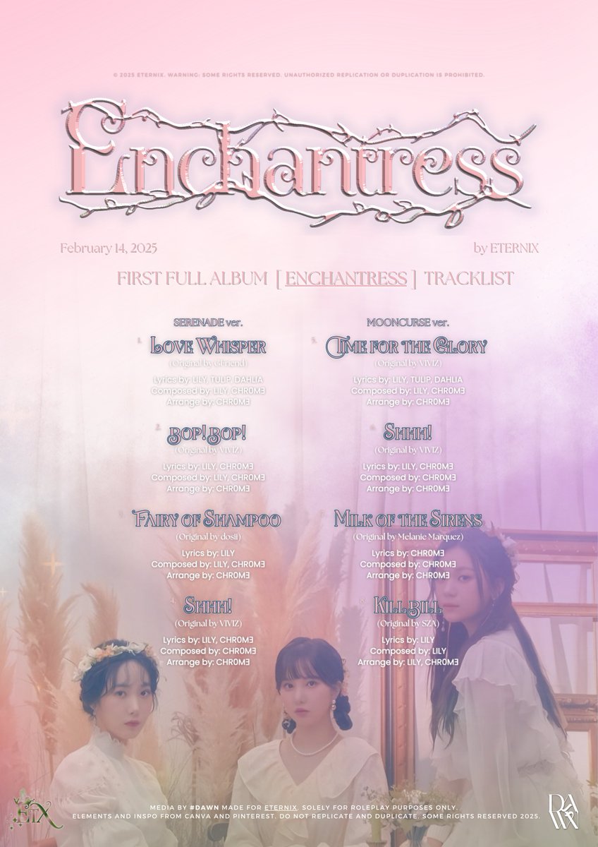 3TERNIX's tweet image. ㅤ
ㅤ
    𝓔𝐓𝐄𝐑𝐍𝐈𝓧: 𝐄𝐍𝐂𝐇𝐀𝐍𝐓𝐑𝐄𝐒𝐒
    FIRST ALBUM ⋮ TRACKLIST
                   2025.02.14. 

 ‌ ⁦#EnchantressTheFirstAlbum⁩ 
‌ ⁦ #ToEternity⁩ ‌ ⁦ #ETX⁩ ⁦  ⁩
‌ ⁦ #ETERNIX⁩  ‌ ⁦ #에터닠스⁩ 

ㅤ