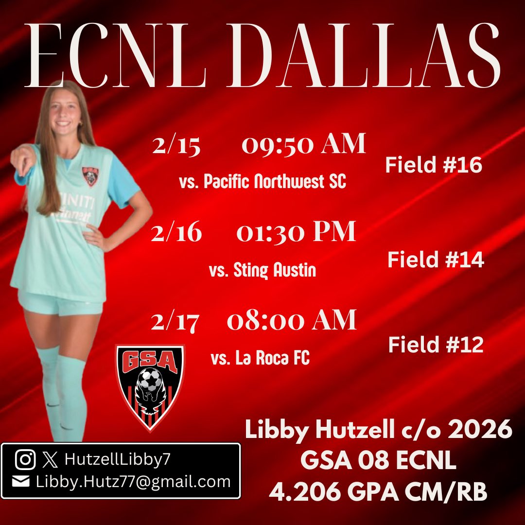 Heading to ECNL Dallas in 2 weeks!! Hope to see you at our games 🔥 

*ALL GAMES PLAYED AT TOYOTA SOCCER PARK*