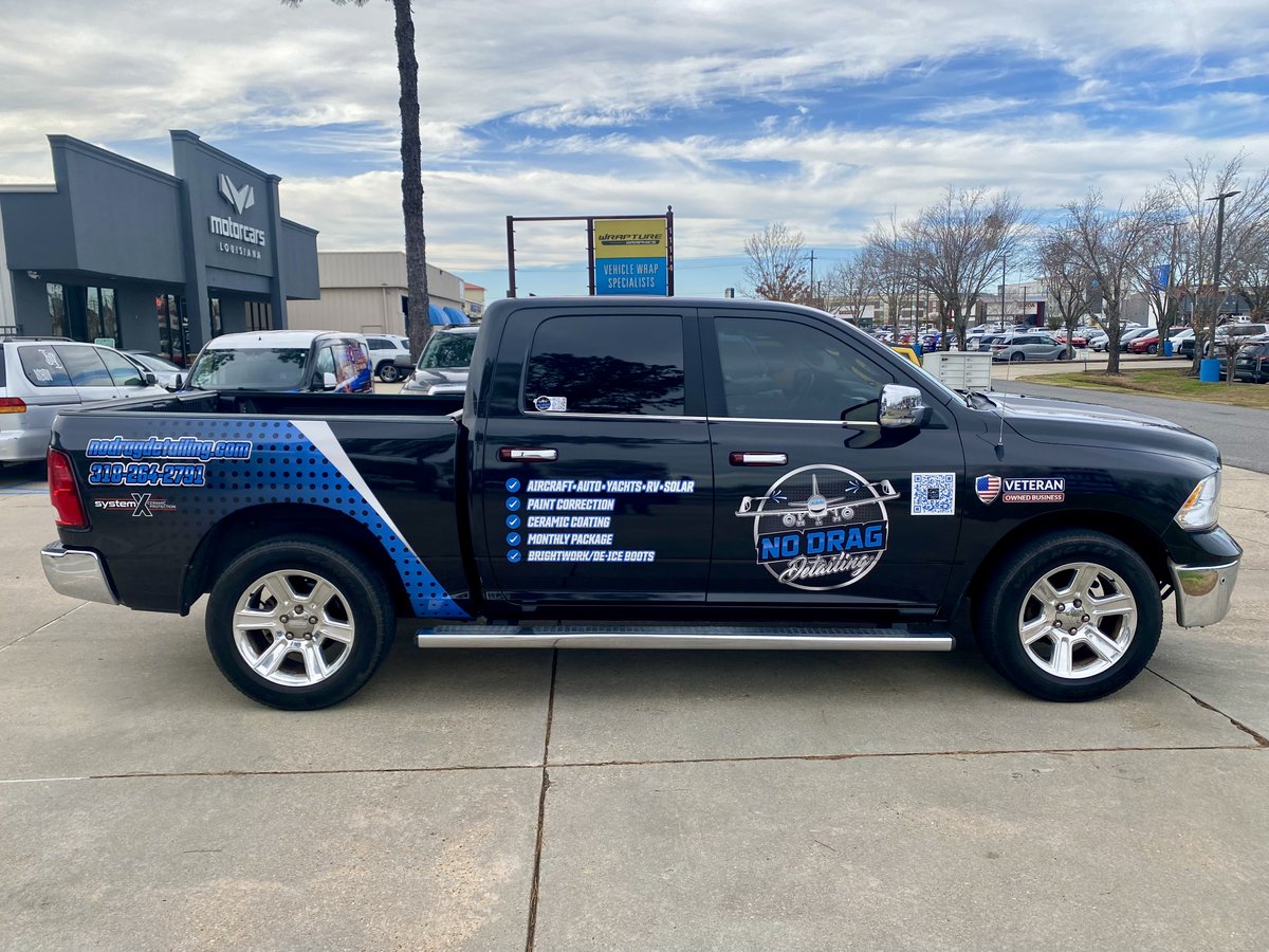 Wrapture's tweet photo. Finishing up the wrap on this Ram for @NoDragDetailing.  This was a collaboration with our friends at Wrapmate.  If you're looking for aircraft detailing around KAEX give them a call 🛩️ https://t.co/nCJ3Sj6bOG