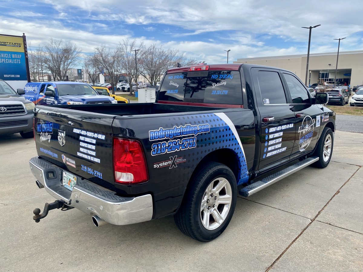 Wrapture's tweet photo. Finishing up the wrap on this Ram for @NoDragDetailing.  This was a collaboration with our friends at Wrapmate.  If you're looking for aircraft detailing around KAEX give them a call 🛩️ https://t.co/nCJ3Sj6bOG