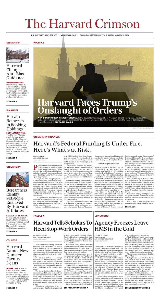 Today's front page in <a href="/thecrimson/">The Harvard Crimson</a>. Volume CLII, No. 1.