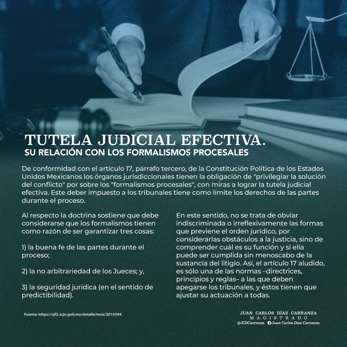 JCDCarranza's tweet photo. FORMALISMOS PROCESALES

La jurisprudencia en materia constitucional considera que los formalismos tienen como razón de ser garantizar tres cosas: 

1) la buena fe de las partes durante el proceso;

 2) la no arbitrariedad de los Jueces; y

3) la seguridad jurídica (en el sentido de predictibilidad).