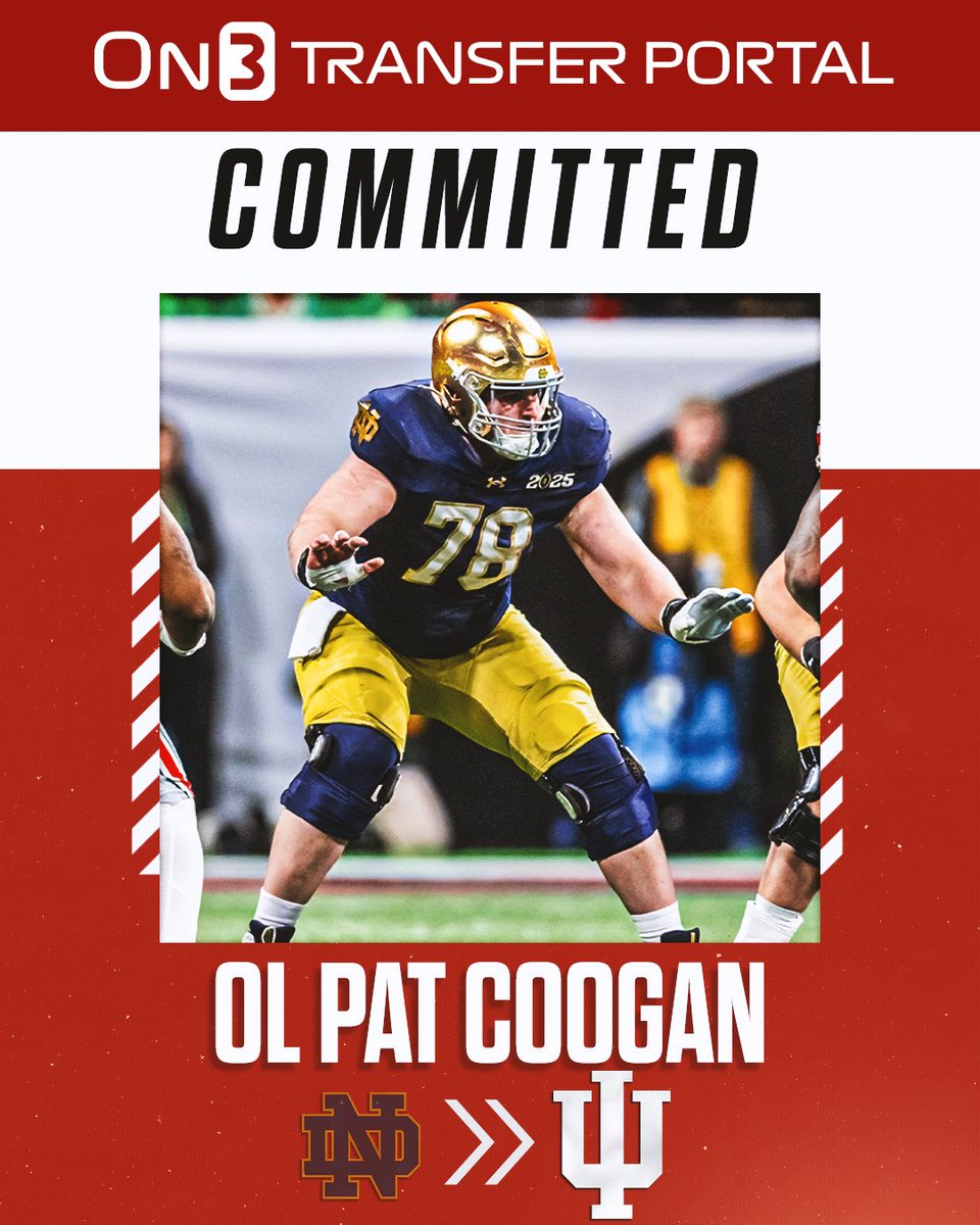 TransferPortal's tweet image. BREAKING: Notre Dame transfer IOL Pat Coogan has committed to Indiana🔴⚪️

on3.com/college/notre-…