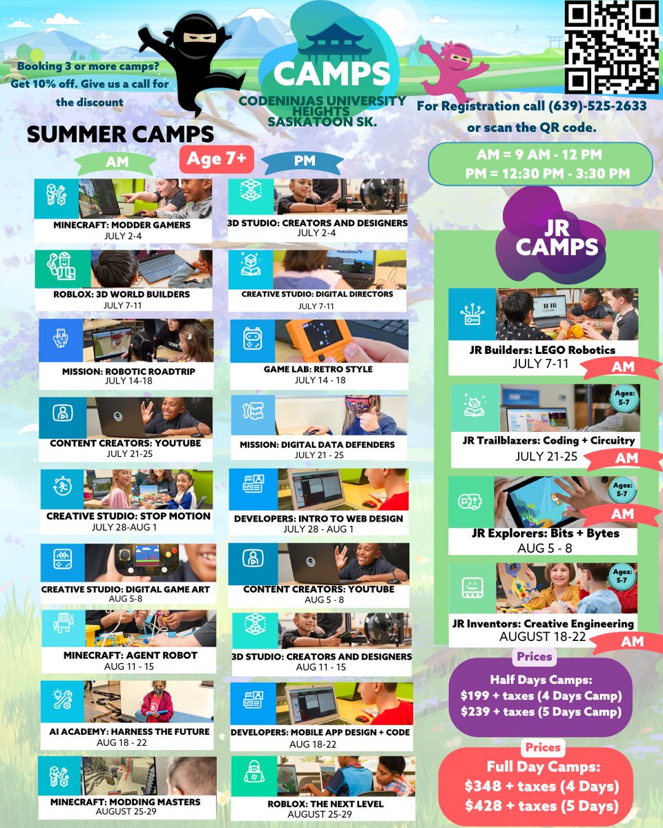 CodeSaskatoon's tweet image. 🚀 Get ready for an EPIC summer adventure! 🌞🎮 From Minecraft modding to YouTube content creation, coding, robotics, and more—Code Ninjas Saskatoon has camps for EVERY young ninja 🥷💻!

💡 Ages 7+ &amp;amp; Jr. Camps (Ages 5-7)
📅 Half-day or... tinyurl.com/4uf6h8m5

#CodeNinjas