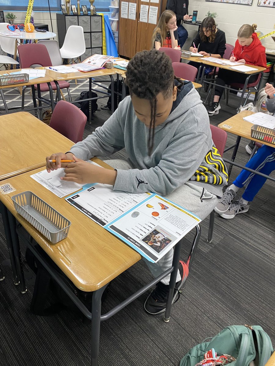 Honors Algebra students completed a “Who-Dun-nit” activity by using their knowledge of exponent properties to simplify expressions. They rotated through five crime scenes to figure out the who, where, and why.