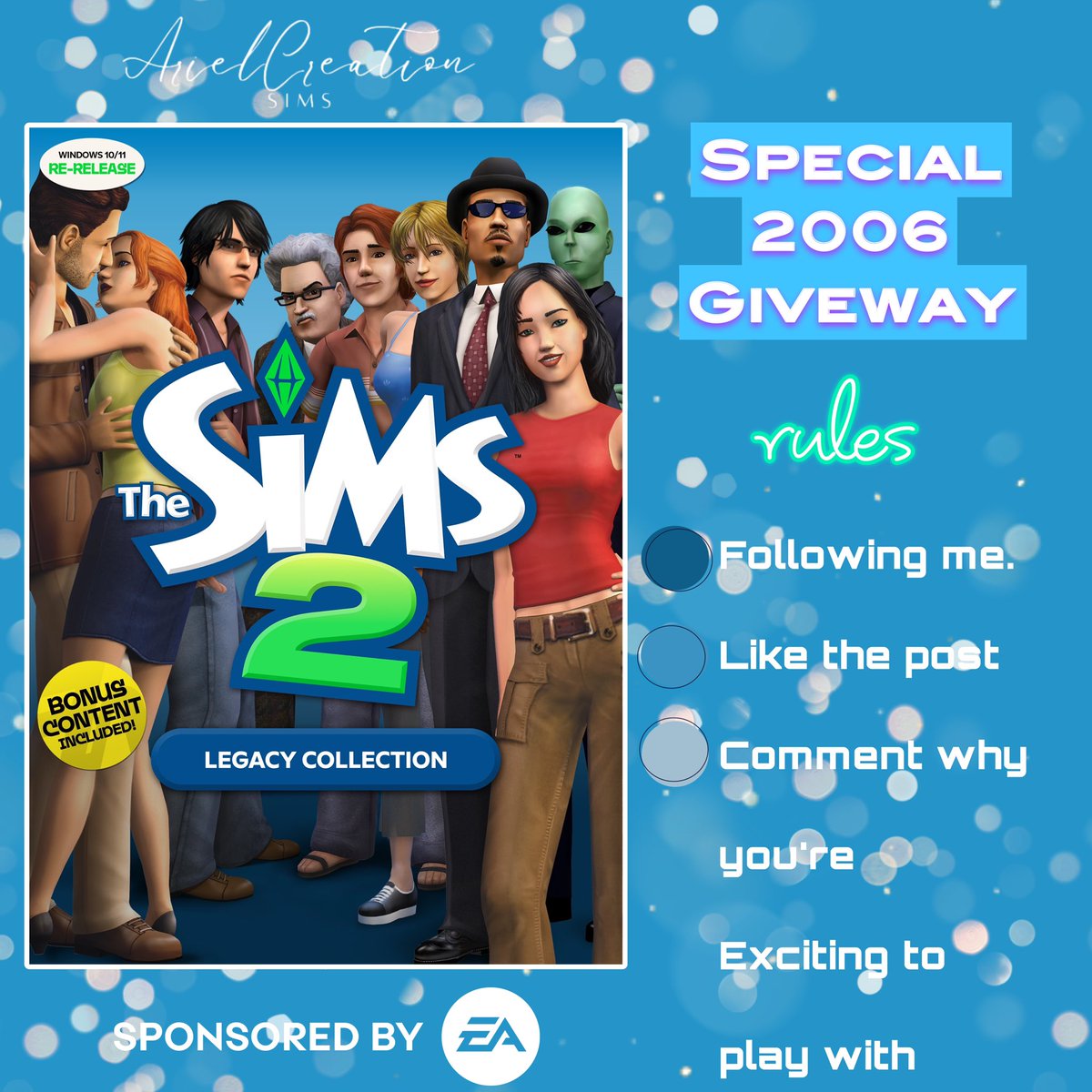 ℋ𝒾 𝒮𝒾𝓂𝓂𝑒𝓇𝓈𓆙

Thanks to the #EACreatorNetwork, I will be giving away one code for #TheSims2 (pc/mac/ea app)! ✨

Rules:

🤍 follow me
🤍 like + rt this post
🤍 comment why you’re exciting to play with 

Ends: 16 Feb/ at 8PM

#SponsoredByEA #eapartner