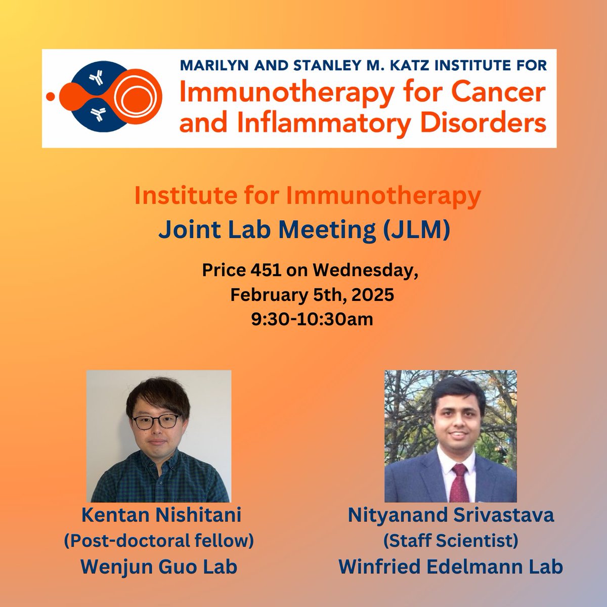 Stay tuned for groundbreaking insights &amp; presentations by <a href="/nnsinmas/">Nityanand</a> [Edelmann Lab] &amp; Kentan Nishitani [<a href="/WenjunGuoLab/">Wenjun_Guo</a>] on cutting-edge #ImmuneCheckpoint &amp; #StemCell #Research in Feb 5th at the IFI-JLM session!
<a href="/EinsteinPhD/">EinsteinPhD</a>
<a href="/ae_cancercenter/">ME Cancer Center</a>
<a href="/EinsteinMSTP/">EinsteinMSTP</a>
<a href="/EinsteinMed/">Albert Einstein College of Medicine - Official</a>
<a href="/MontefioreNYC/">Montefiore Health System</a>