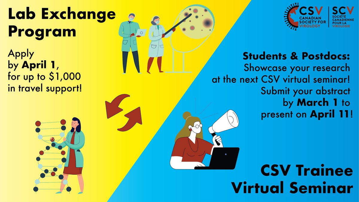 Opportunities for CSV trainees! Apply for the CSV Lab Exchange Program to fund research collaborations or training—deadline: April 1. Details: csv-scv.ca/en/lab-exchang…
Submit your abstract by March 1 to present at the CSV virtual seminar on April 11: forms.gle/zw2YdxQ2kLcc5b…