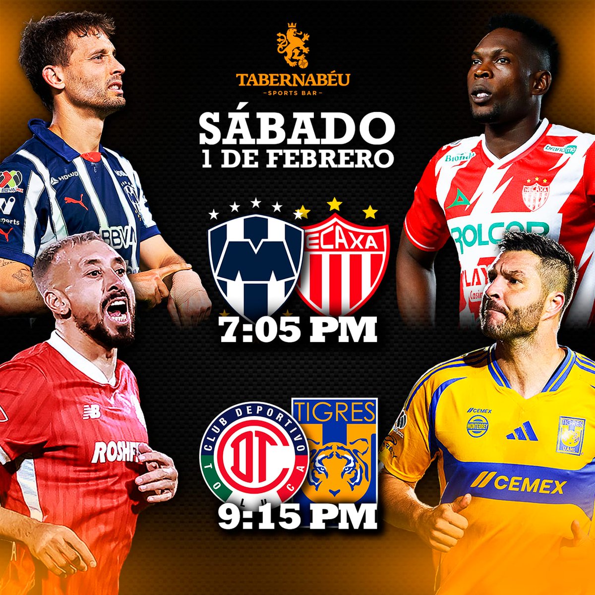 Promo rápida de <a href="/tabernabeuspor1/">tabernabeusportsbar</a> atinale al marcador de <a href="/Rayados/">Rayados</a> vs <a href="/ClubNecaxa/">Club Necaxa</a> y <a href="/TigresOficial/">Club Tigres 🐯</a> vs <a href="/TolucaFC/">Toluca FC</a>  llévate un 18 de cheves bien heladas y 2 platillos mamalones, dale RT para que sea válida tu participación hasta las 7pm de este sábado, Reserva tu mesa <a href="/Tabernabeu/">Tabernabeu</a>!