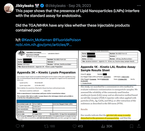 FluoridePoison's tweet image. LNPs interfere with Endotoxin Horseshoe Crab Blue Blood LAL measurement done by TGA Australia 
29 September 2023
#Poojabs 
@ChrisEd16512812 @damonmcclure3 @Shirl3yBell