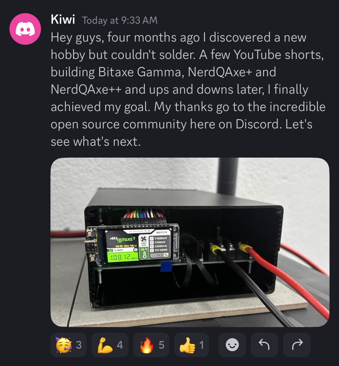 Someone in the OSMU Discord built a NerdOctaxe and is getting 10.8TH at 157  Watts of power consumption and an efficiency of 14.5 J/th. 🤯 The  open-source Bitcoin mining community is unstoppable.