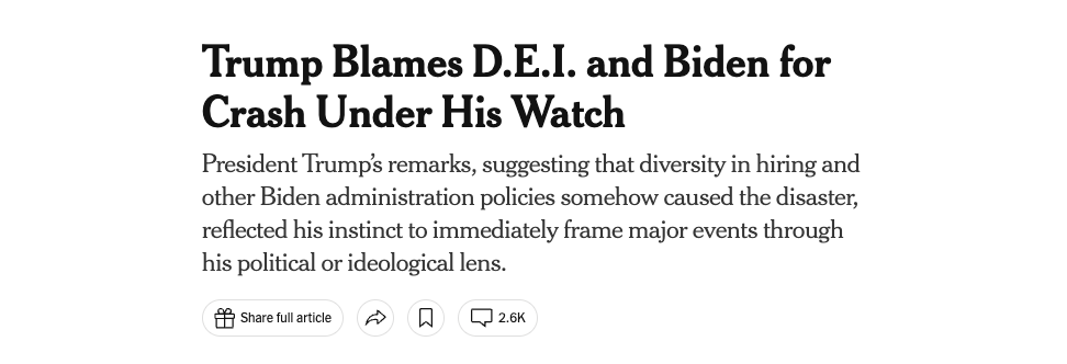 No, Mr. President, DEI initiatives were not responsible for the DC plane crash. It's unconscionable that instead of supporting the investigation or sharing condolences to victims’ families, Trump opted to deflect blame, spread bigoted lies, and scapegoat marginalized communities.