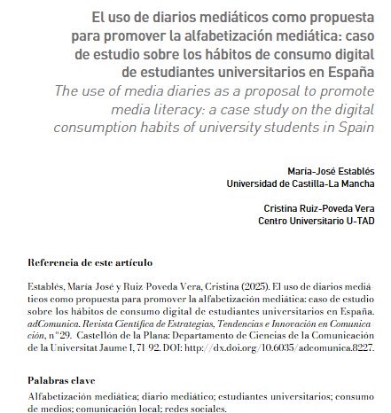 Cristina Ruiz-Poveda y yo aportamos una propuesta para ayudar a docentes universitarios a fomentar la alfabetización mediática de sus estudiantes. En la <a href="/FcomUCLM/">Facultad de Comunicación - UCLM</a> de la <a href="/uclm_es/">Universidad de Castilla-La Mancha</a> llevamos dos cursos aplicando esta actividad. Lee en el paper en qué consiste: e-revistes.uji.es/index.php/adco…