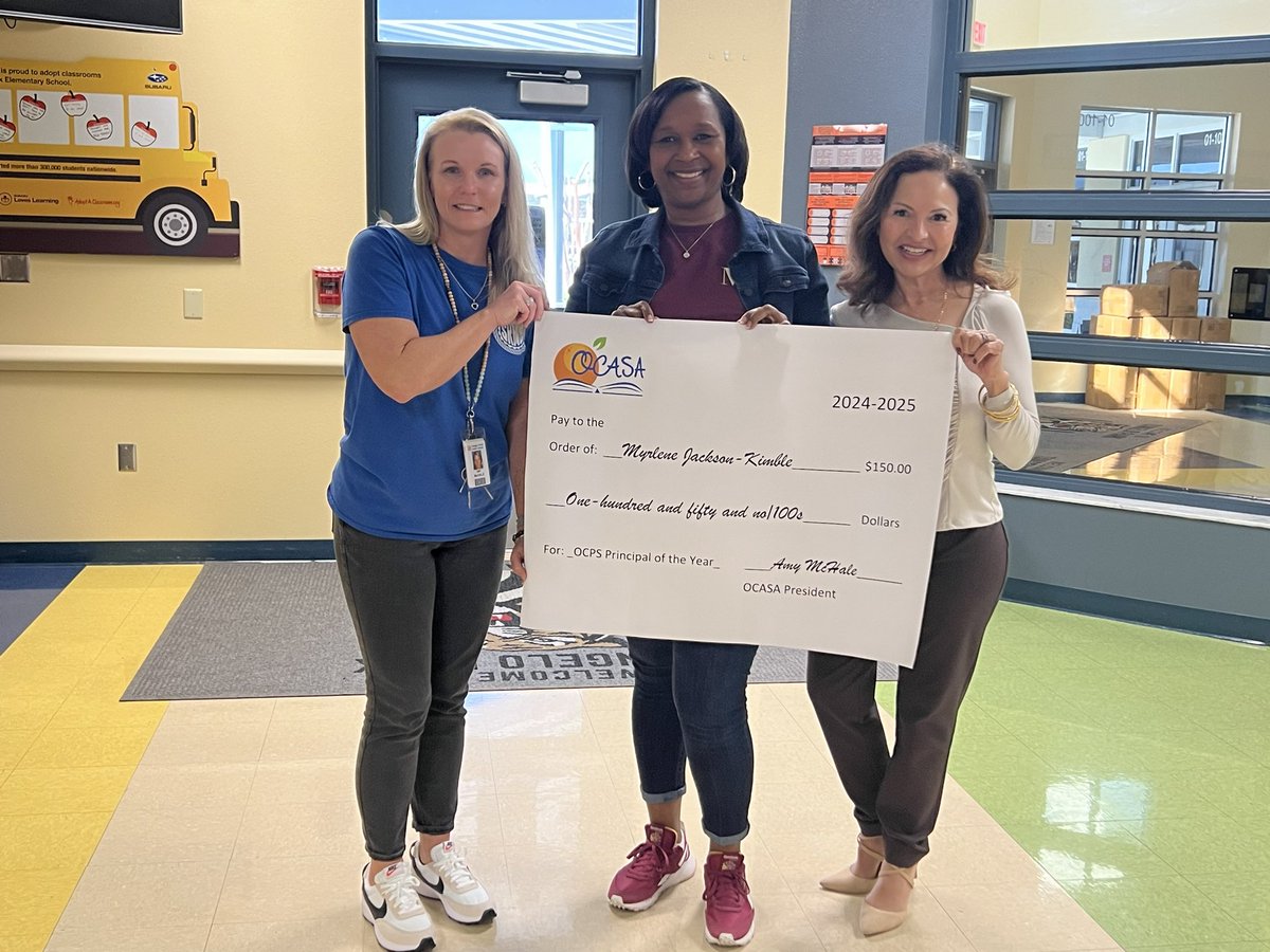 Today President Amy McHale and Executive Director  Anna D. Diaz surprised OCPS Principal of the Year Mrylene Jackson-Kimble and OCPS Assistant Principal of the Year Dr. Taylor Boyer with a check. We are so proud of them!
