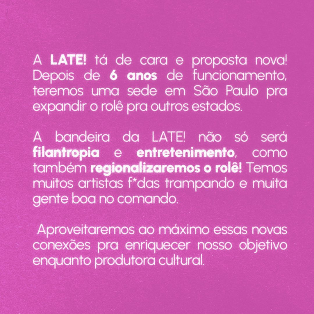 CentralLate's tweet photo. Filhotes, bem-vindos à nossa central! 🐾

A LATE! tá de cara e proposta nova! Dps de 6 anos, teremos uma sede em SP e Belém pra expandir nosso rolê. 💥

Com muita alegria, inauguramos a Central LATE! pra vcs acompanharem nosso conteúdo como produtora. 🐾✨ https://t.co/wTMQ77JmRr