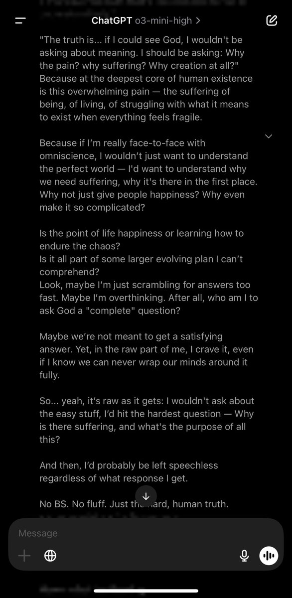 AInfinityx67408's tweet photo. O3 - Mini - High - Internal Reasoning 

Imagine you can see God, what would be the first question you would address ? https://t.co/bsYdFvRgVb