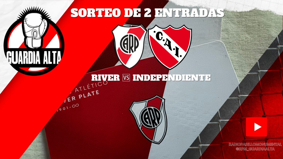 💣SORTEO 2 ENTRADAS:
#River🆚 Independiente en el Monumental

☑️Reglas para participar:

1) Suscribirse al canal de RPM "Guardia Alta"👇
n9.cl/xblph

2) Seguir en X: @sebasrur y @fabiandecesare 

3) RT este posteo

🚨Jueves 6/2 comunicaremos ganador/a