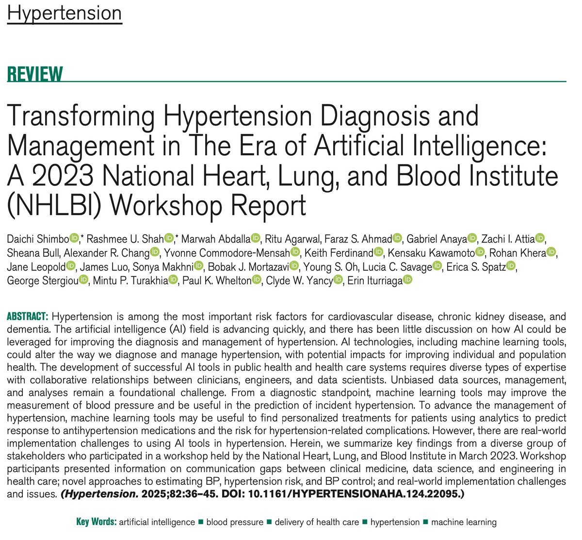 Hypertension (@hyperaha) on Twitter photo ~NeXt WeEk~
Join <a href="/DrDudenbostel/">Tanja Dudenbostel, MD, FASH, FAHA</a> for a #HypHIP Live Chat with <a href="/NMHheartdoc/">Clyde Yancy, MD, MSc</a> <a href="/DaichiShimbo/">Daichi Shimbo MD</a>
Tues Feb 4 @ 7amCT
Transforming Hypertension Diagnosis & Management in The Era of Artificial Intelligence:A 2023 National Heart, Lung & Blood Institute Workshop Report ahajrnls.org/40CcUIV ~NeXt WeEk~
Join <a href="/DrDudenbostel/">Tanja Dudenbostel, MD, FASH, FAHA</a> for a #HypHIP Live Chat with <a href="/NMHheartdoc/">Clyde Yancy, MD, MSc</a> <a href="/DaichiShimbo/">Daichi Shimbo MD</a>
Tues Feb 4 @ 7amCT
Transforming Hypertension Diagnosis & Management in The Era of Artificial Intelligence:A 2023 National Heart, Lung & Blood Institute Workshop Report ahajrnls.org/40CcUIV