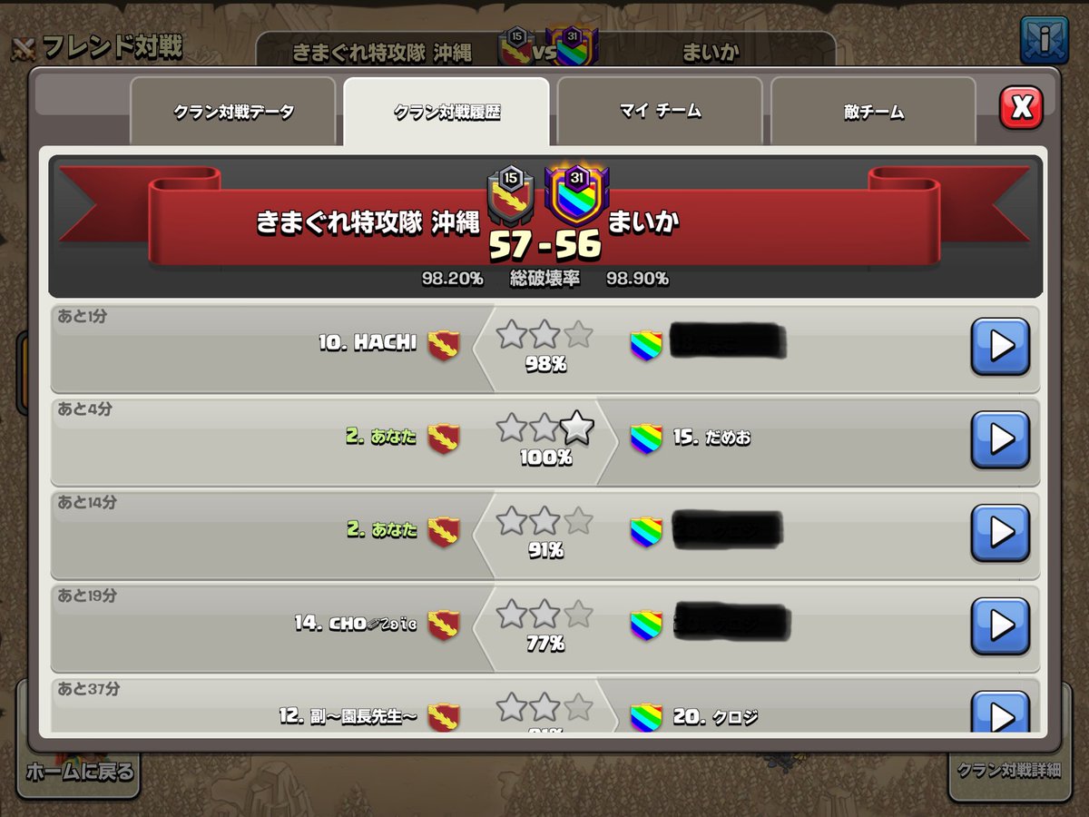 強豪まいかさんとのフレンド対戦。
ハードモードの中ですが、全壊の多いこと🥰

沖縄の最終アタックでひっくり返し、
まいかさんの最終アタックは時間切れで耐えました( ºΔº ;)

気持ちよくリーグ戦へ～
みなさんドキドキ楽しみましょう～💓