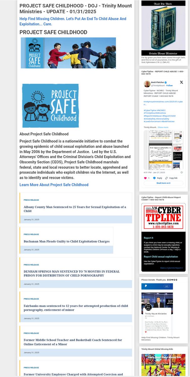TrinityMount's tweet photo. PROJECT SAFE CHILDHOOD - DOJ - Trinity Mount Ministries - UPDATE - 01/31/2025
https://t.co/GARzfNraFv
#TrinityMountMinistries #ProjectSafeChildhood #ChildPredatorsConvicted #ChildSafety #OnlineSafety #LawEnforcement #Police #DOJ #DHS #FBI #CyberTipline #EndChildTrafficking #ReportChildAbuse #ReportCSAM #BrettFletcher
Trinity Mount Ministries
https://t.co/HuvwDRI6A8