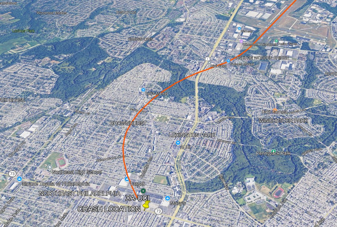 Aircraft Crash in Philidelphia, PA (01/31/25) 
23:07 UTC  (6:07 p.m ET)

Registration: XA-UCI (Mexico)

Enroute → Springfield, MO

Lear-Jet 55 Twin-Jet Engine Aircraft

Operating for Jet Rescue Air Ambulance
(Medical Transport)

All on board perished