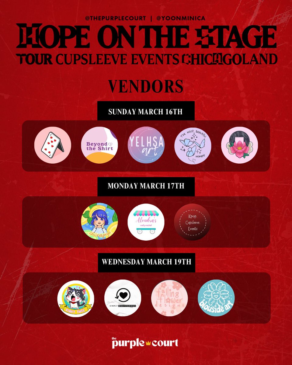 thepurplecourt's tweet photo. Full vendor list check out !nstagr@m 

Sun 3/16
@houseofpinsshop 
@beyond_theshirt 
@yelhsaart 
@BEAUTIFULMOM3NT 
@bloomingdreamco 

Mon 3/17
@shiinapop 
Alondra’s Crafty Mischief 
@kpopcupsleeves 

Wed 3/19
@Dinky_Twee 
Simply Multifarious
Falling Flower Design
@Blousideart https://t.co/X6KcQvZhdh