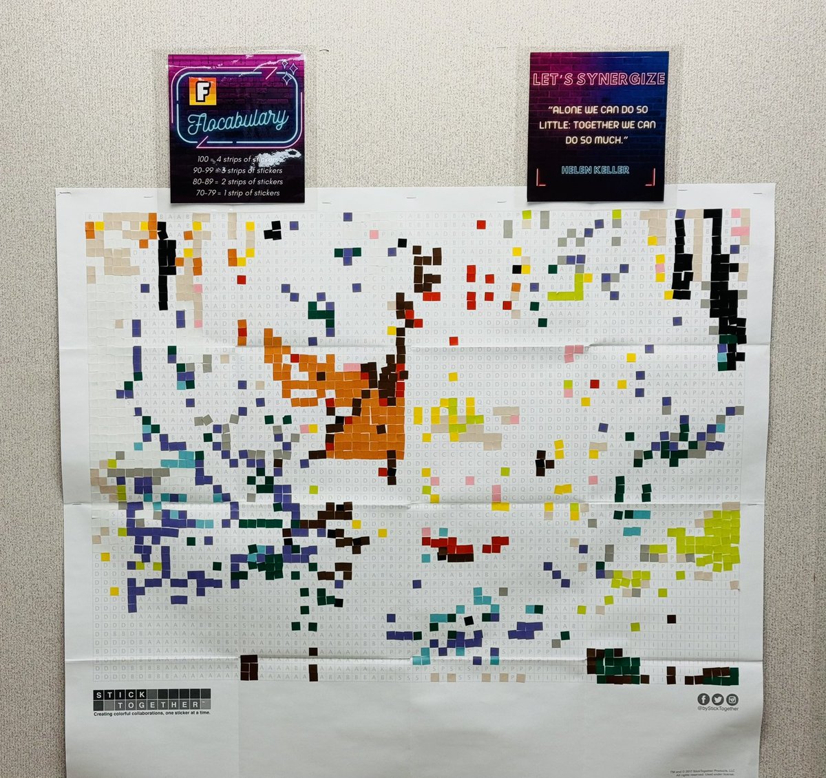 My students have been working hard to earn stickers for our <a href="/byStickTogether/">Demco StickTogether</a> poster. This was what it looked like mid December. It makes one large image. What could this be? 

“Alone we can do so little; together we can do so much.” ~Helen Keller~