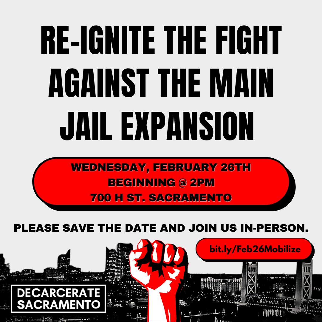 📢Sacramento County Board of Supervisors will be reviewing recommendations for the next stage of the $2 BILLION jail expansion project, and we need YOU to show up and fight back!📢

‼️ RSVP &amp; learn more: bit.ly/Feb26Mobilize (link in bio)

#StopSacJailExpansion #CareNotCages