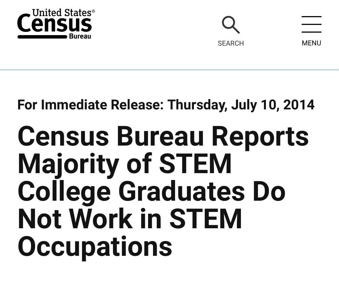 USTechWorkers's tweet photo. “The U.S. Census Bureau reported today that 74 percent of those who have a bachelor's degree in science, technology, engineering and math — commonly referred to as STEM — are not employed in STEM occupations.”

https://t.co/fbPGLGqfeN https://t.co/T3jfmkJ9y3