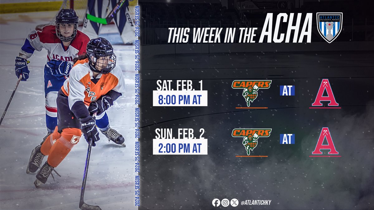 🏒 It's Game Time! 🏒

The ACHA is back for the first of three straight weekends of action beginning with the Capers visiting Acadia!

📍 Location: Andrew H. McCain Arena, Wolfville, NS

📺 Both games will be available to watch live at facebook.com/AxewomenHockey