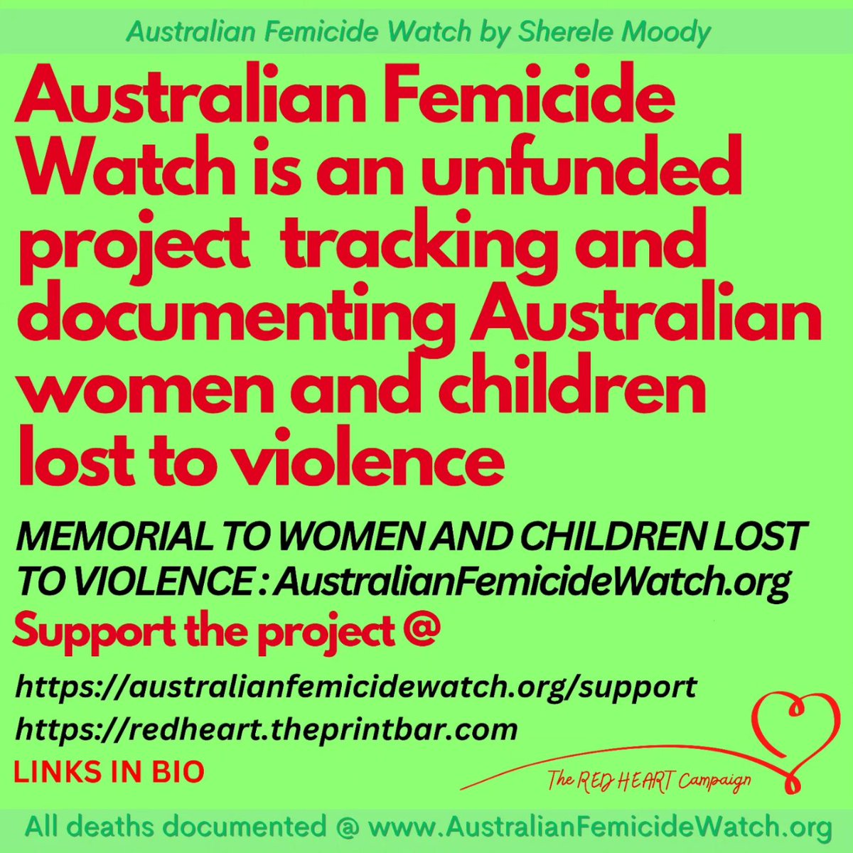 ShereleMoody's tweet photo. SEVEN WOMEN KILLED IN UNDER THREE WEEKS! THIS IS A FUCKING EPIDEMIC. CAN SOMEONE TELL Anthony Albanese?

A woman was murdered in Ascot Vale, Victoria, yesterday. A male known to her has been found dead at another location. She is the 7th Australian woman killed this year - and the seventh killed in 18 days. Her death means we have lost 108 women in just 56 weeks.
It's fucking distressing and maddening that women are being killed every second or third day - and it's been this way since January last year.
And yet out politicians and our media don't give a fuck.
When's the last time you heard our PM call out men? When's the last time he organised a special police operation or taskforce to end femicides - fucking never.

❤️❤️
Please support my work and the Memorial to Women and Children Lost to Violence and Australian Femicide Watch. You can donate or grab a RED HEART t-shirt! 100% of money raised funds the Memorial and Australian Femicide Watch.

LINKS IN BIO
 ❤️Donate: https://t.co/T0ZFsihg8G
❤️ Shop:  https://t.co/C3jKoLRezC

#femicide #violenceagainstwomen #womenssafety #domesticviolence #maleviolence #notallmen #violence