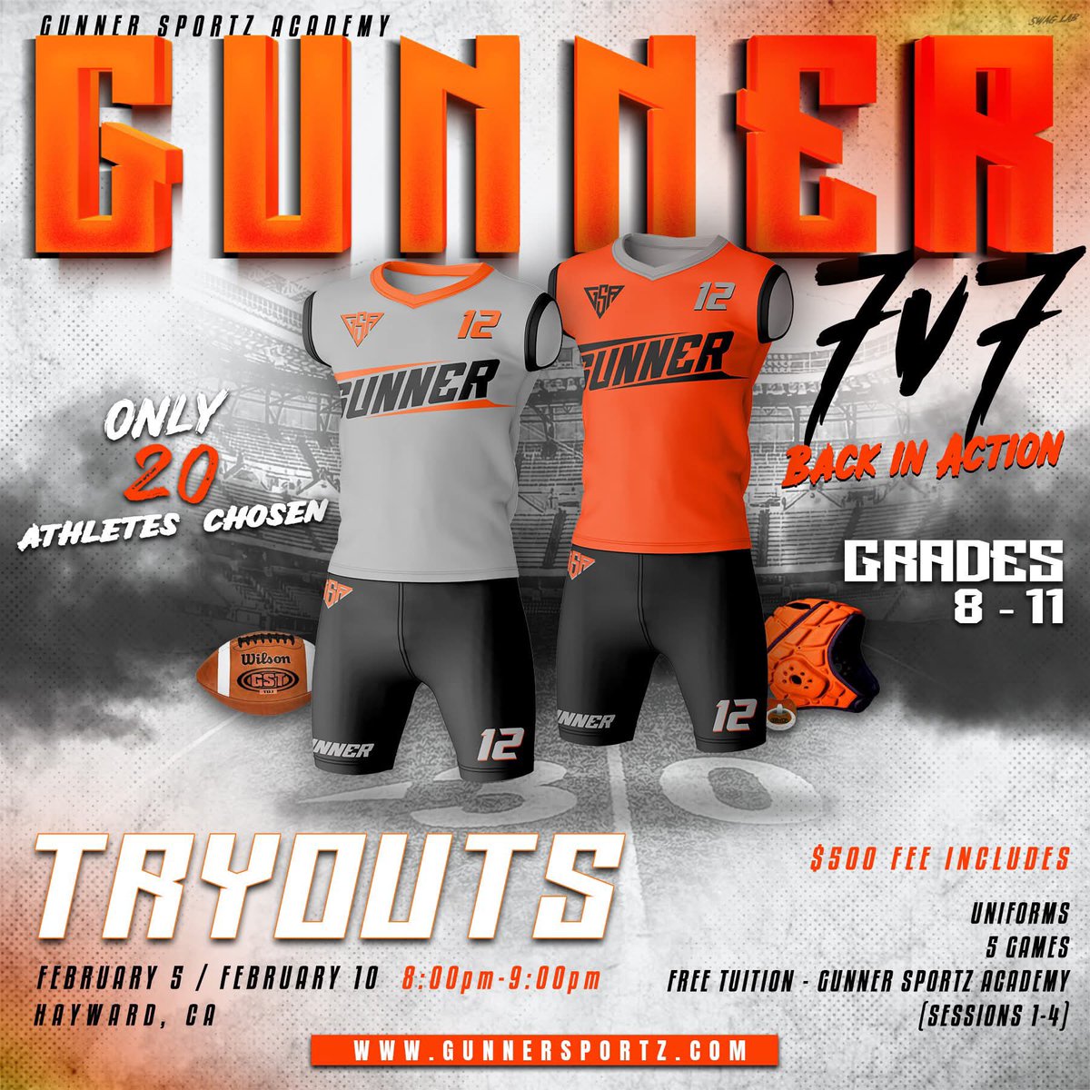 Tryouts for the 2025 GUNNER 7v7 Team will take place on 2/5 &amp; 2/10 (8-9pm) in Hayward, CA. Only 20 spots available!! Visit GunnerSportz.com for more info. Come get better and have fun at the same time!