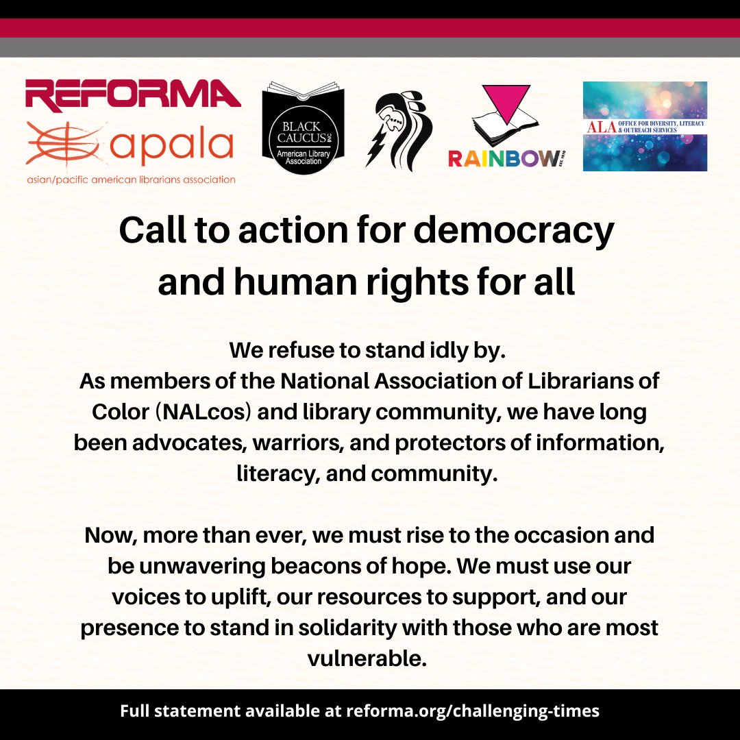reformanational's tweet photo. We refuse to stand idly by. As members of the National Association of Librarians of Color (NALcos) and library community, we have long been advocates, warriors, and protectors of information, literacy, and community.

Read our full Statement at https://t.co/gHo3oo5NfJ https://t.co/1EwxL50oN2