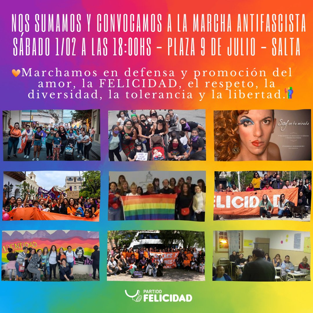 Marchamos en defensa y promoción del #amor, la #FELICIDAD, el #respeto, la #diversidad, la #tolerancia y la #libertad. Marchamos contra el #fascismo, el #racismo, el #odio, la #discriminación y contra todo tipo de violencias.
