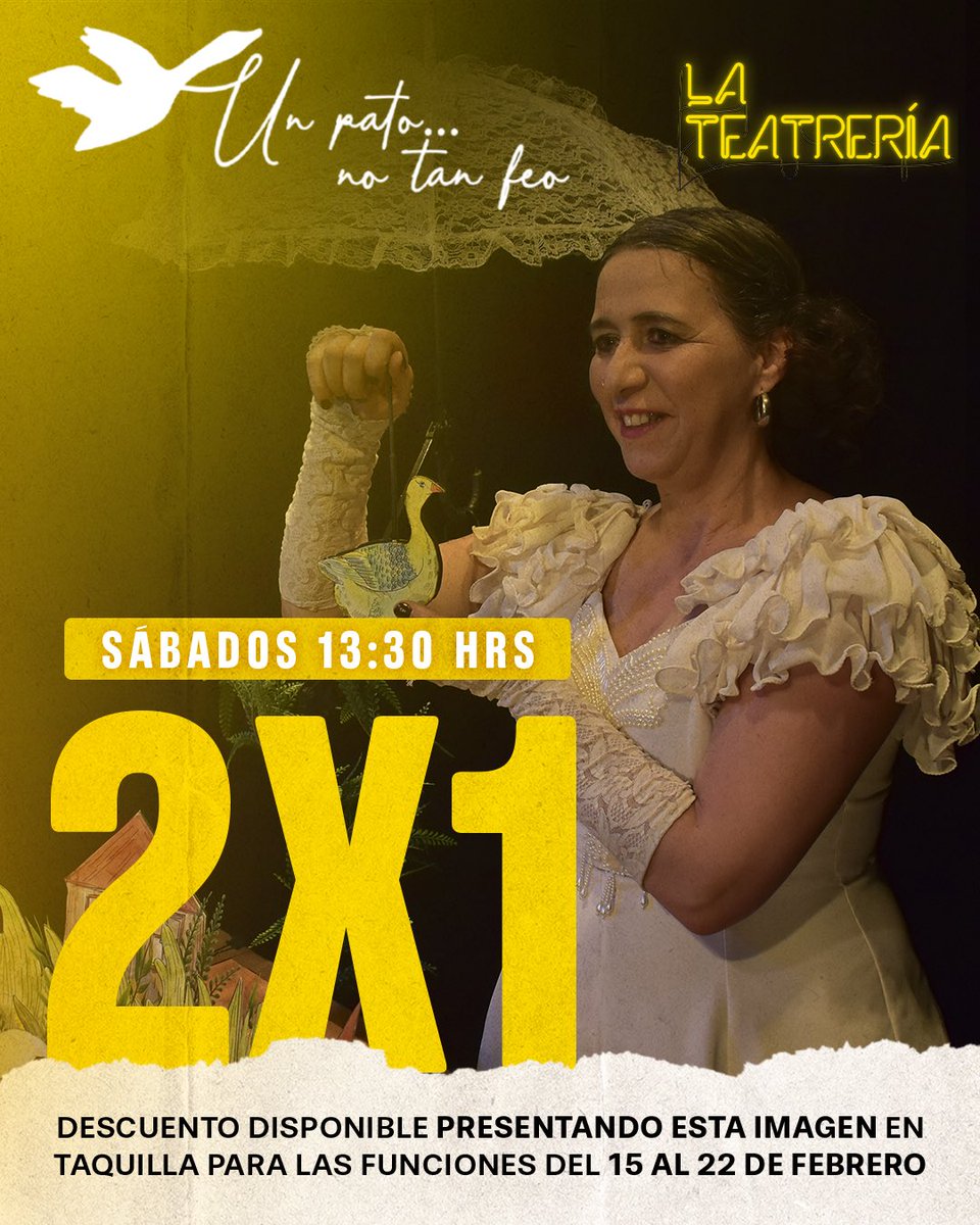 LaTeatreria's tweet photo. ¡Este fin de semana aprovecha las promociones que tenemos para ti! 🐝 

🦢“Un pato no tan feo” 
🎟️2x1 presentando la imagen en taquilla 
*Válido para funciones del 1 y 22 feb* 

💧“Una pareja Líquida” 
🎟️50% de descuento 
*Válido en taquilla y https://t.co/Ut2Ji0WDDA https://t.co/c5FyXR9FeM