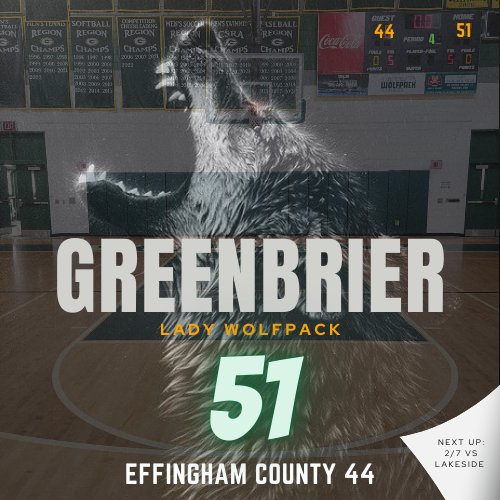 🚨THE W!!!!🚨
Greenbrier 51, Effingham County 44
Jayla Ayler 14 pts
Emily McMurray 12 pts
Addisen Odom 11 pts
#BackThePack #TDT #TrustTheProcess #SeasonII
